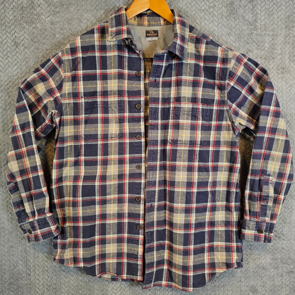 Ridgecut Toughwear Mens Large Navy Blue Plaid Heavyweight Cotton Flannel RC11011